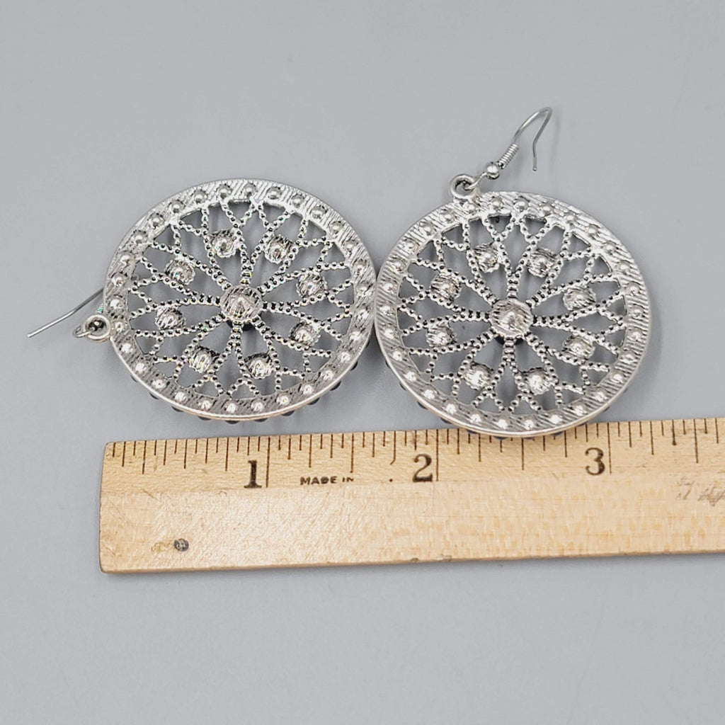 Round Blue Bead Dangle Pierced Earrings Silver Tone Statement 1.5"