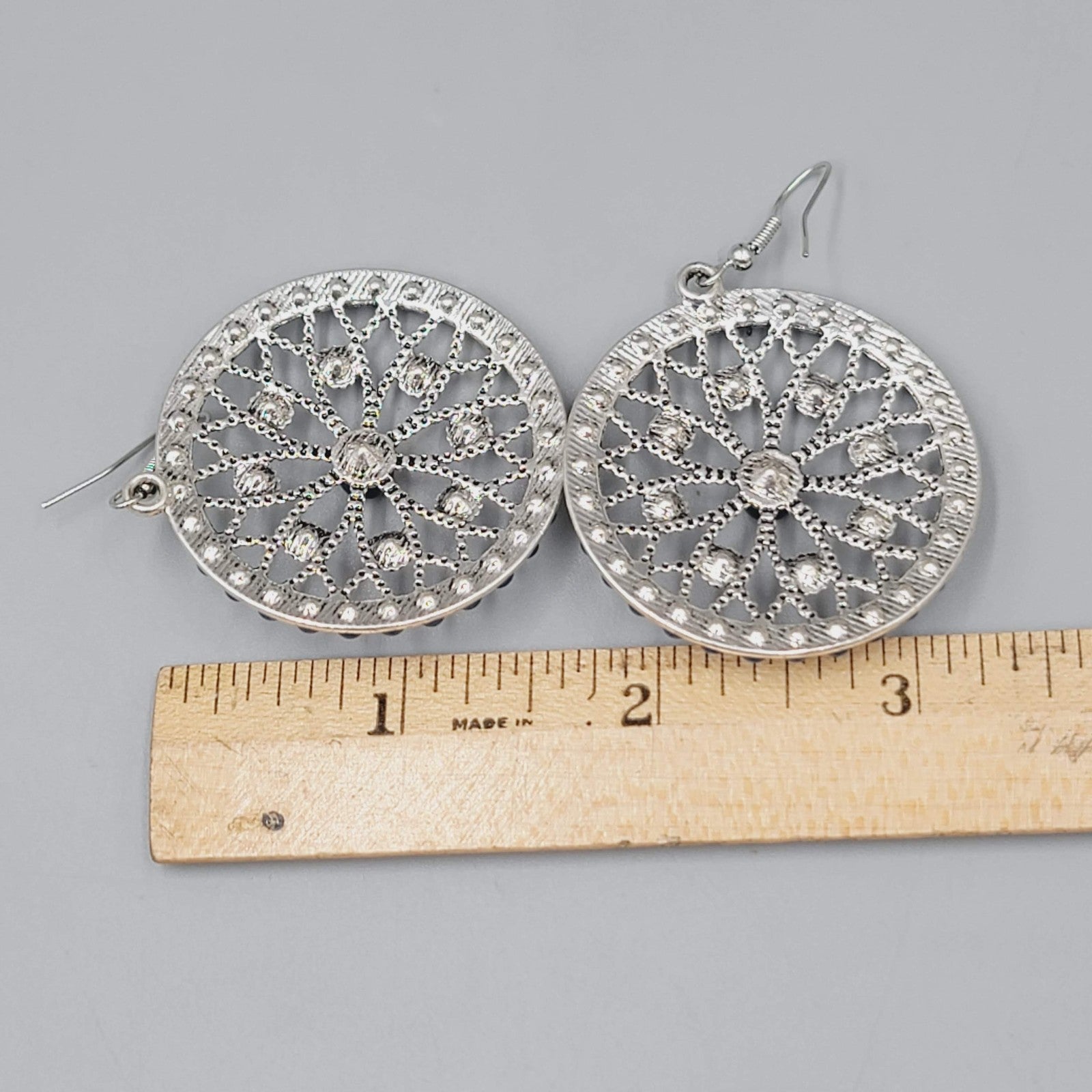 Round Blue Bead Dangle Pierced Earrings Silver Tone Statement 1.5"