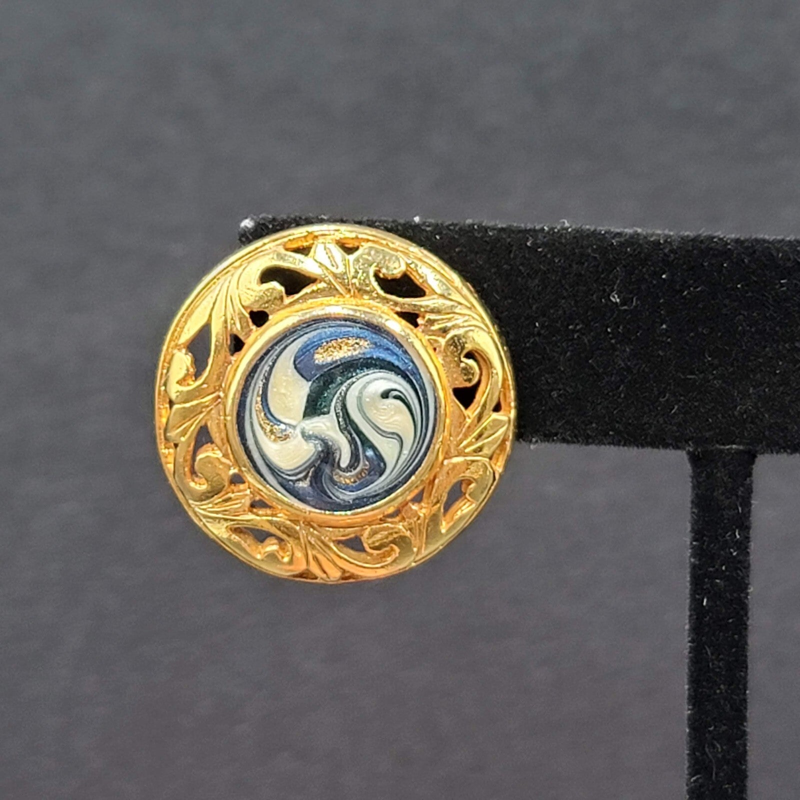 Vintage Pierced Earrings Gold Plated Blue Swirl Enamel Round Drop 1"