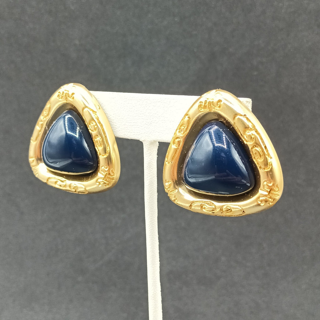 Vintage Clip on Earrings Gold tone Dark Blue Acrylic Soft Triangle Drop 1 3/8"