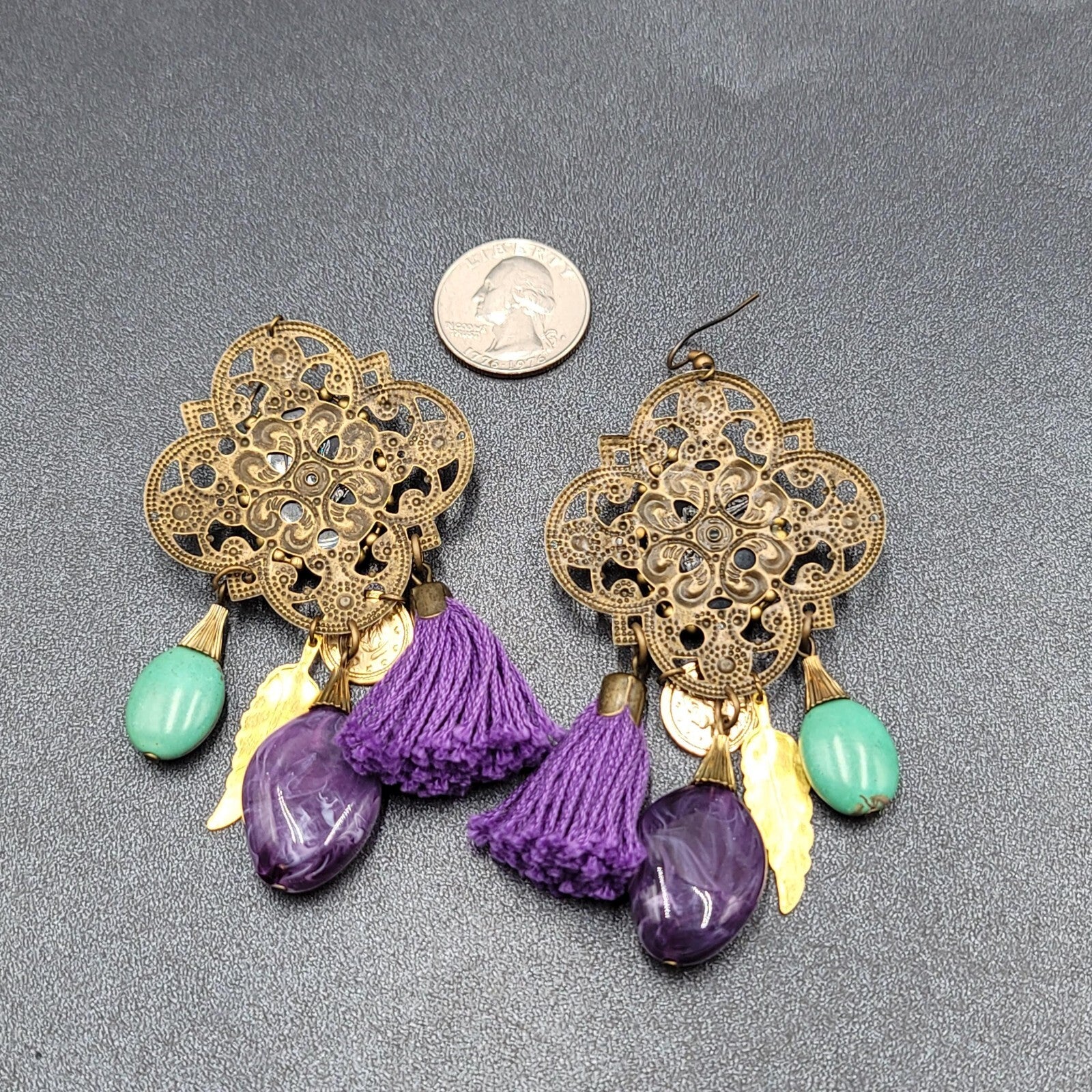 Pierced Earrings Large Statement Bronze tone Purple Tassel Boho Charms 3.5"