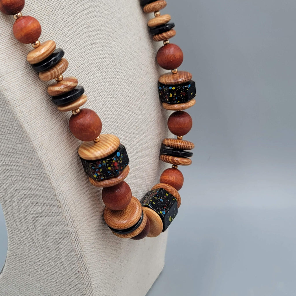 Vintage Wood Graduated Bead Statement Black Speckle Accent Bead 23"
