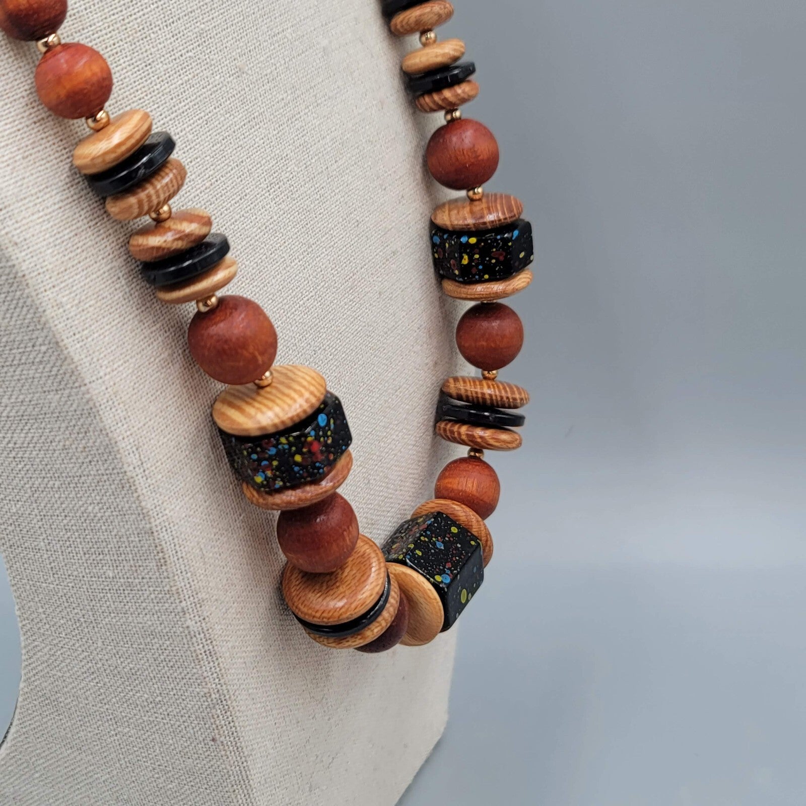 Vintage Wood Graduated Bead Statement Black Speckle Accent Bead 23"