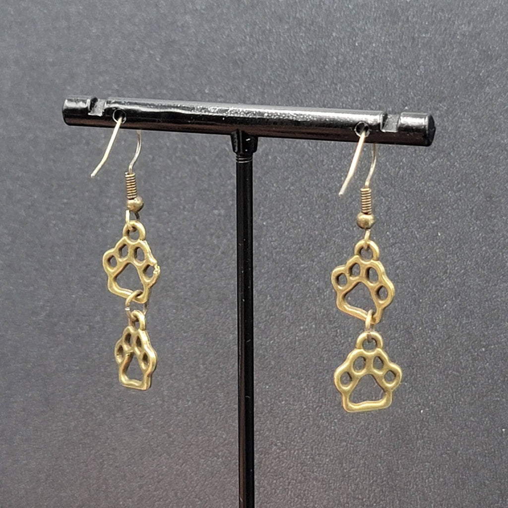 New Pierced Earrings Bronze tone Puppy Dog Paw Prints Dangle 1"