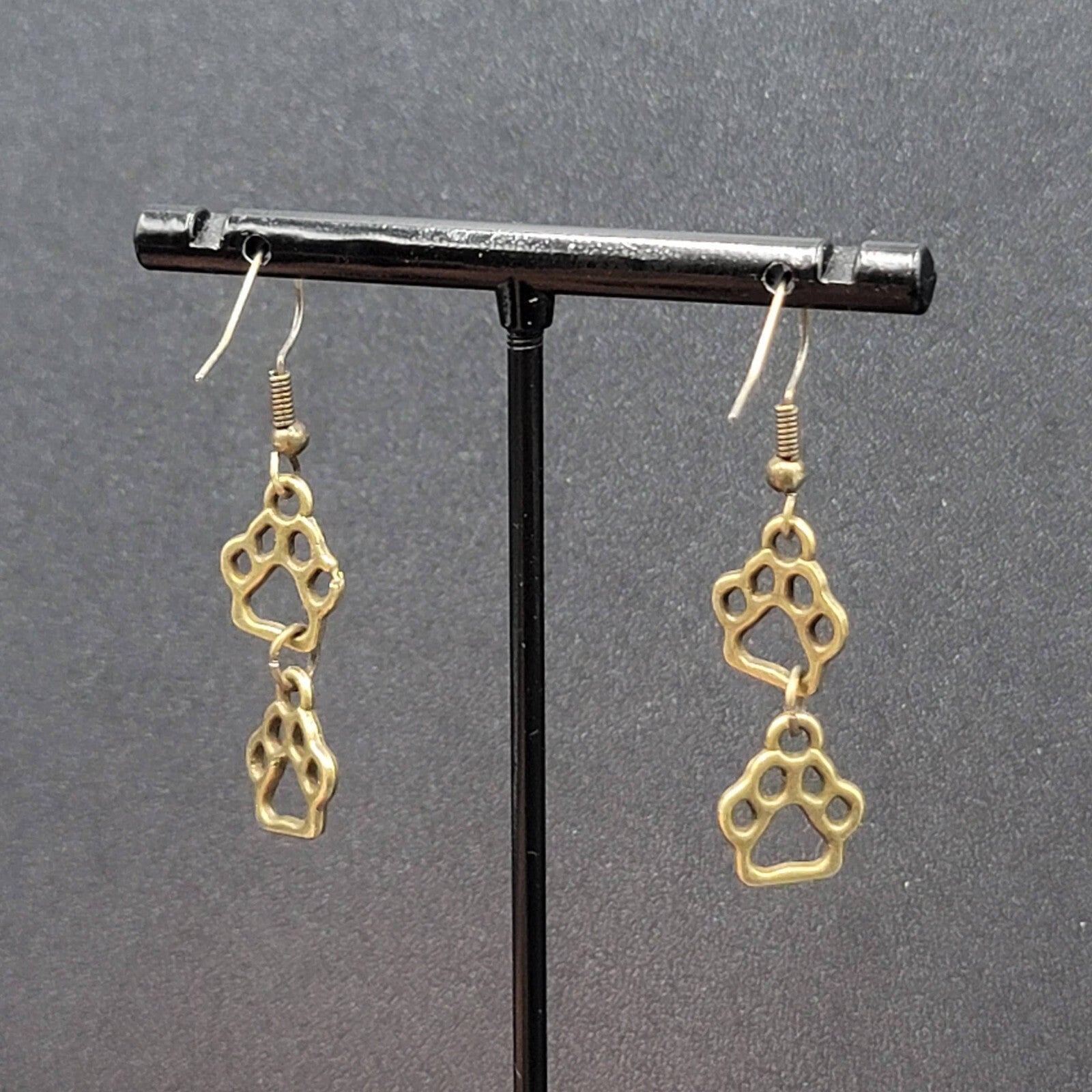 New Pierced Earrings Bronze tone Puppy Dog Paw Prints Dangle 1"