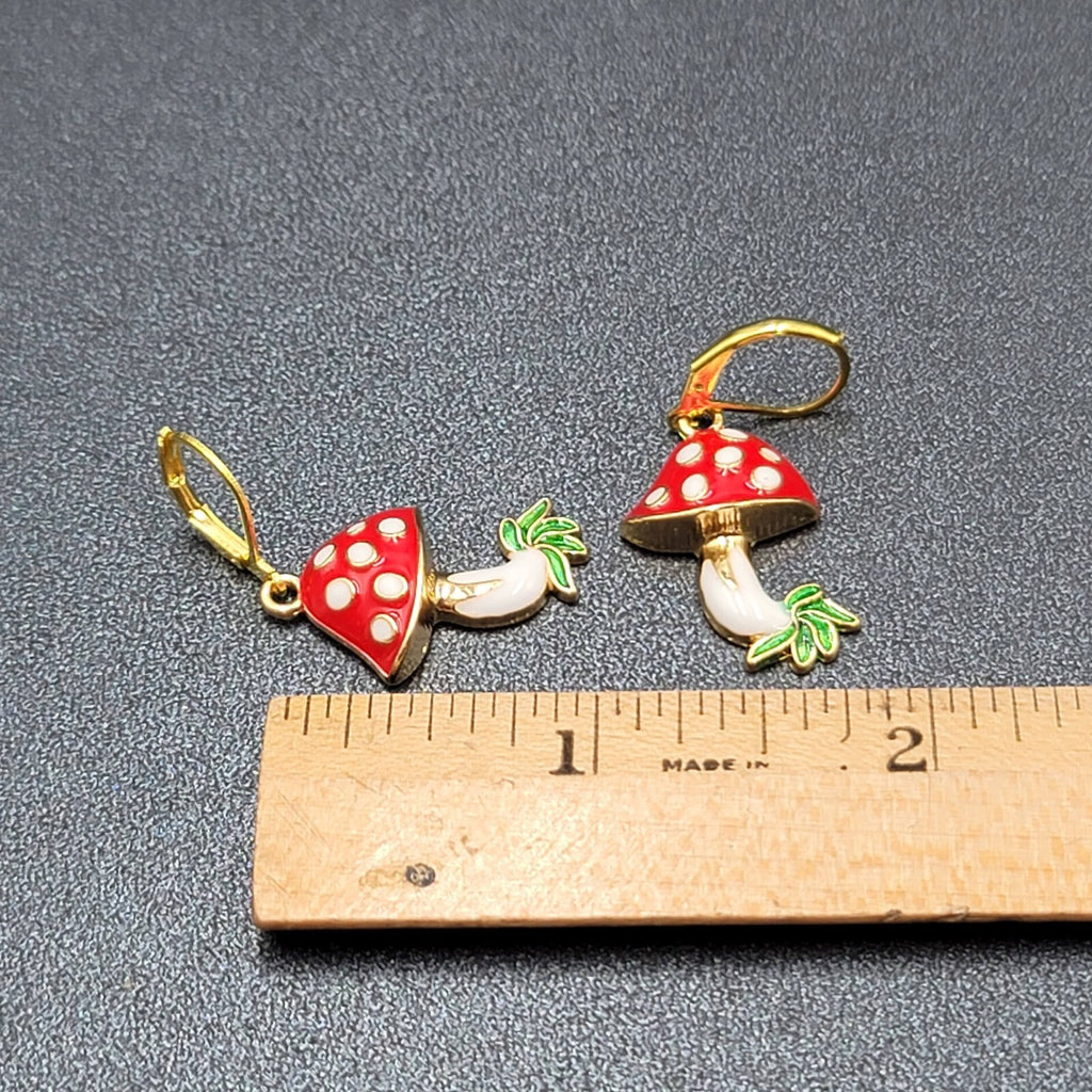 Mushroom Pierced Earrings Gold tone Enamel Red White Polka Dot Dangle 1"