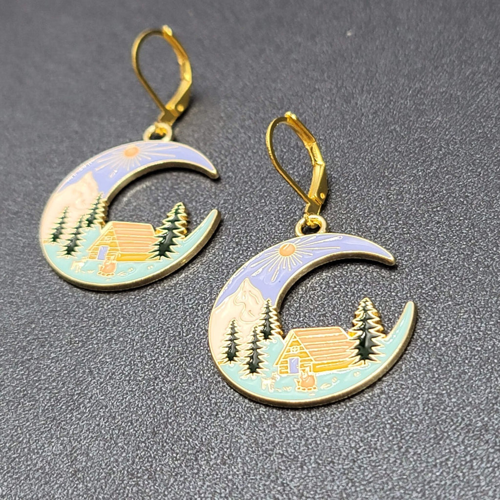 New Camping Scene Pierced Earrings Gold tone Enamel Dangle Moon Tent 1.25" FS