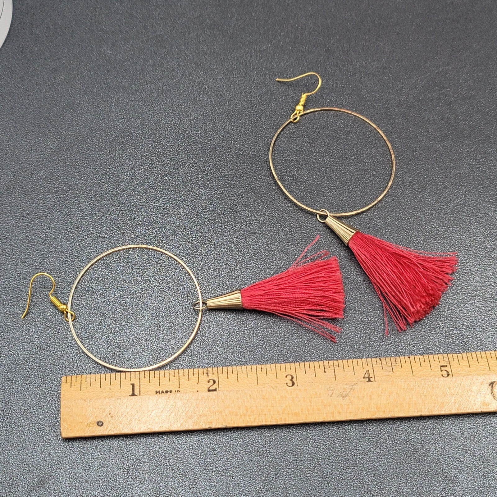 Pierced Earrings Gold tone Red Tassel Statement Dangle 3.5"