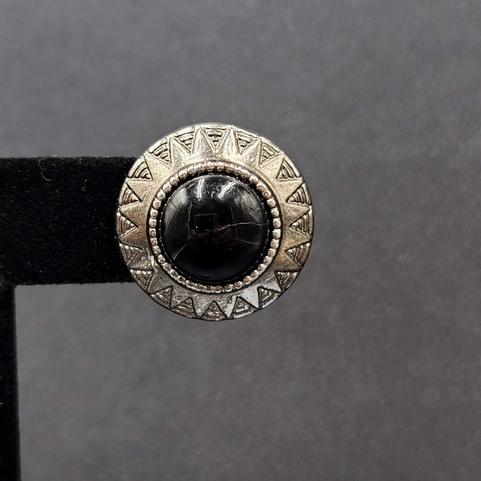 Vintage Pierced Earrings Silver tone Black Acrylic Cabochon Round Studs 1"