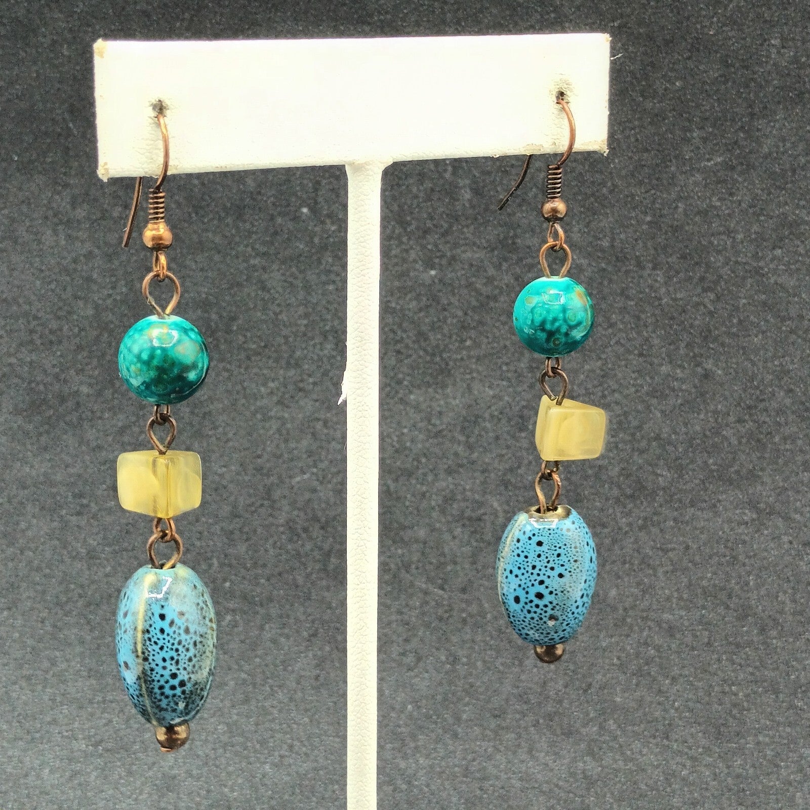 Pierced Earrings Blue Green Art Pottery Beaded Statement Dangle 2"