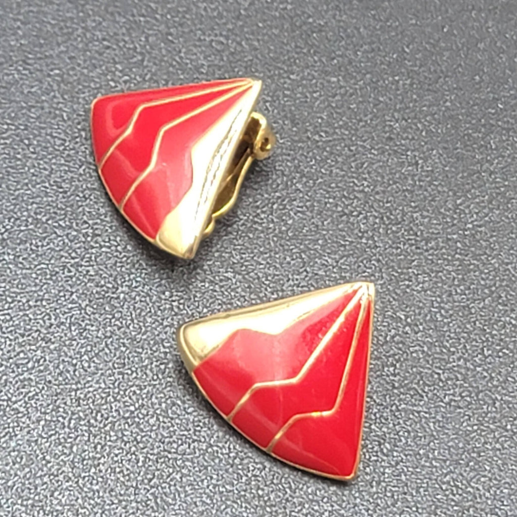 Vintage Clip on Earrings Gold Plated Red Enamel Fan Design 3/4"