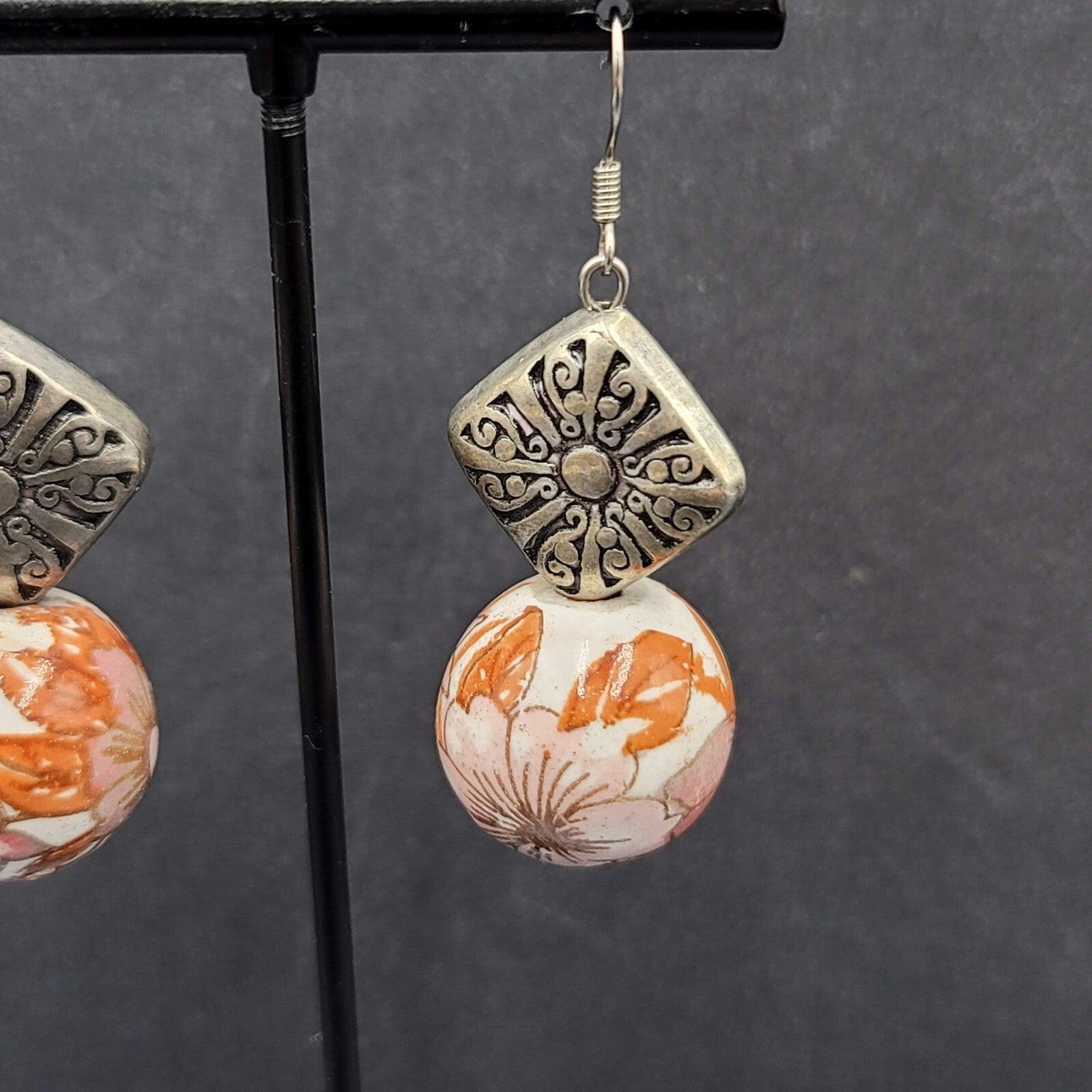 Pierced Earrings Silver tone Hand Painted Floral Pottery Bead  1.5"