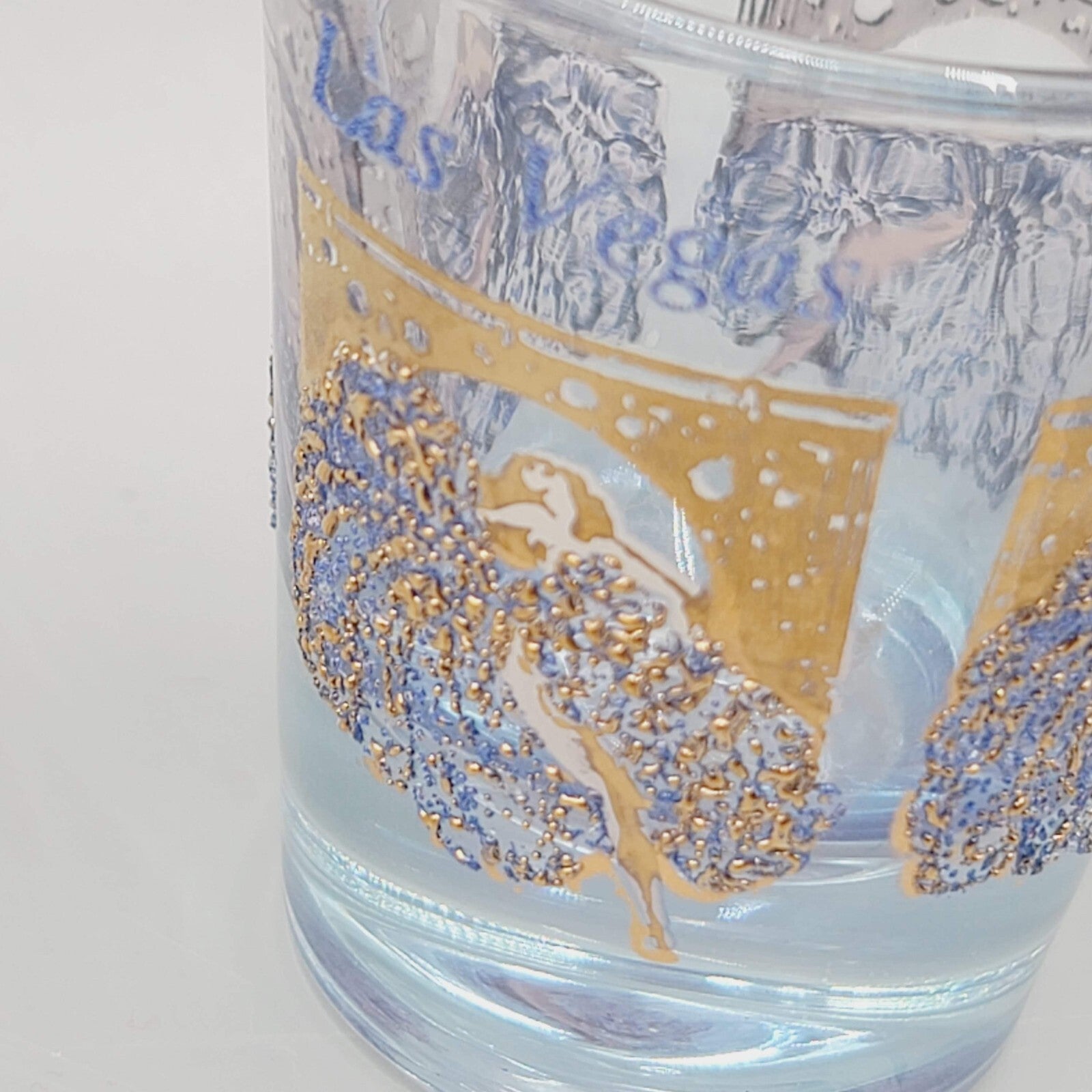 Vintage Las Vegas Casino Shot Glass Blue Gold Embossed Clear Glass Souvenir