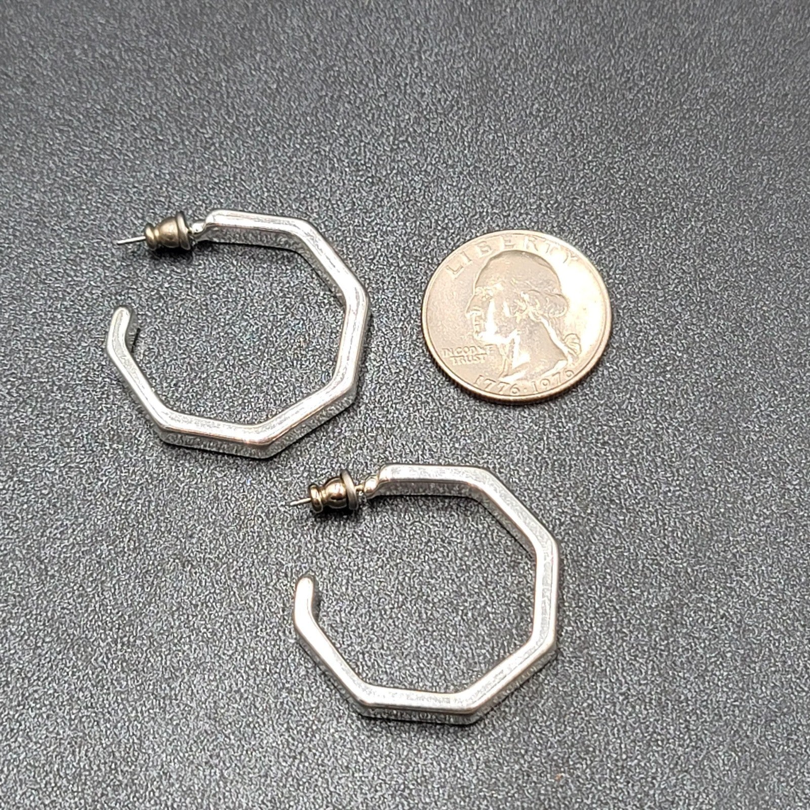 Pierced Earrings Hexagon Silver tone Hoops 1 1/8"