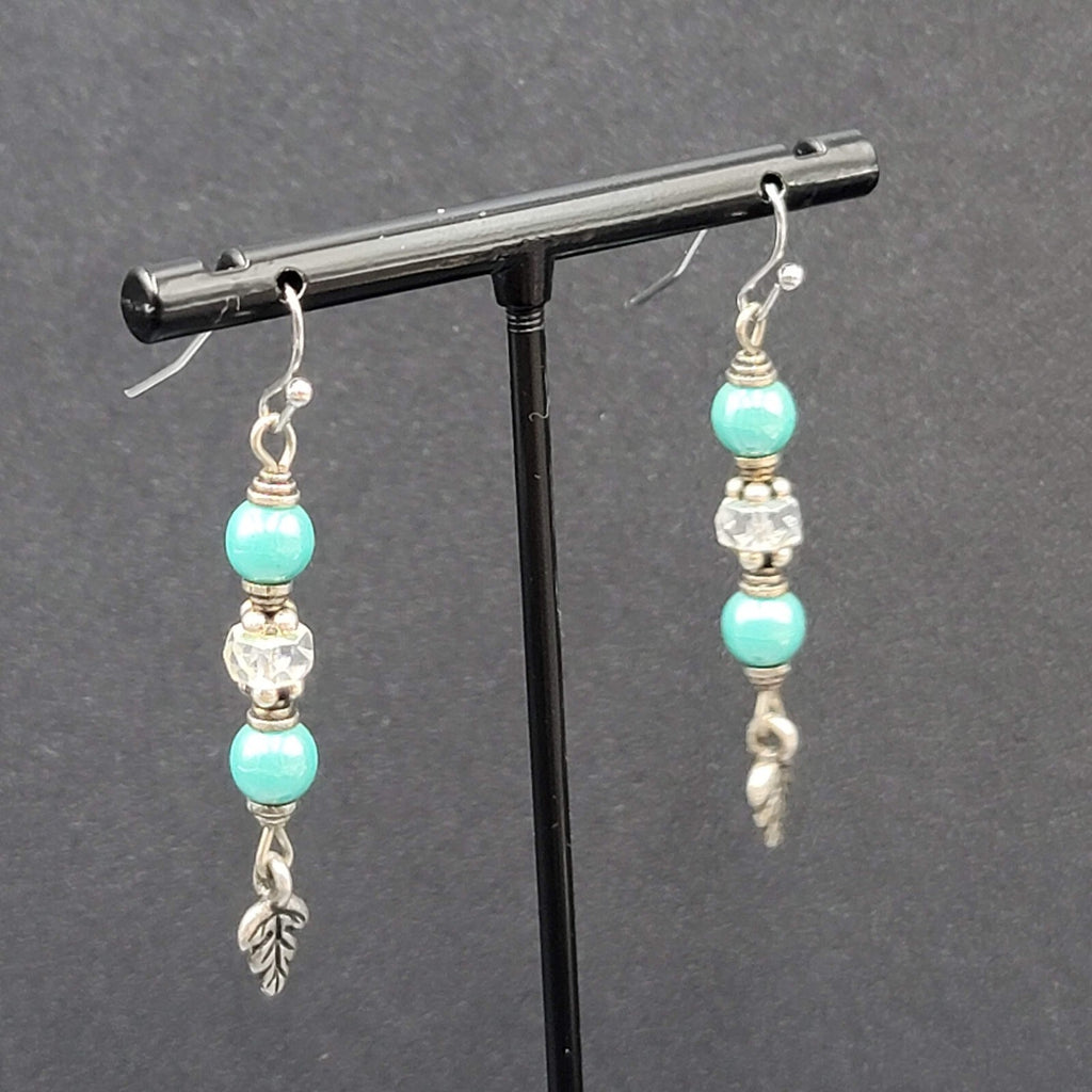 Pierced Earrings Silver tone Blue Bead Leaf Charm Dangle 1.5"