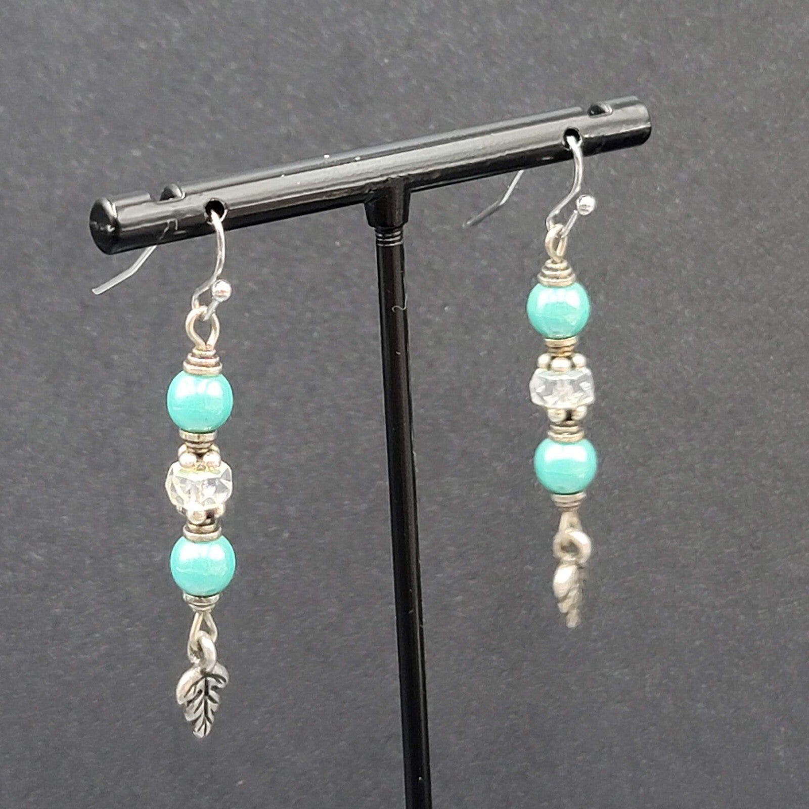 Pierced Earrings Silver tone Blue Bead Leaf Charm Dangle 1.5"