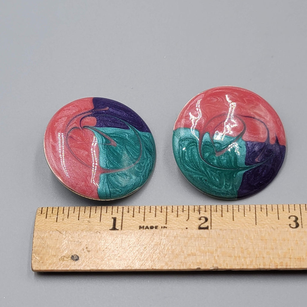 Vintage Round Enamel Pierced Earrings Pink Purple Teal Drop 1.25"