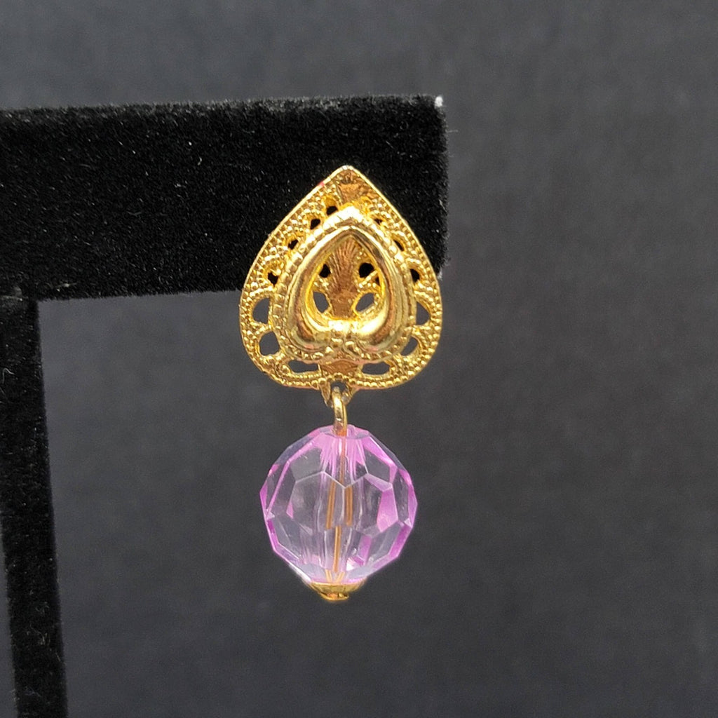 Pierced Earrings Gold tone Purple Plastic Bead Dangle 1.25"