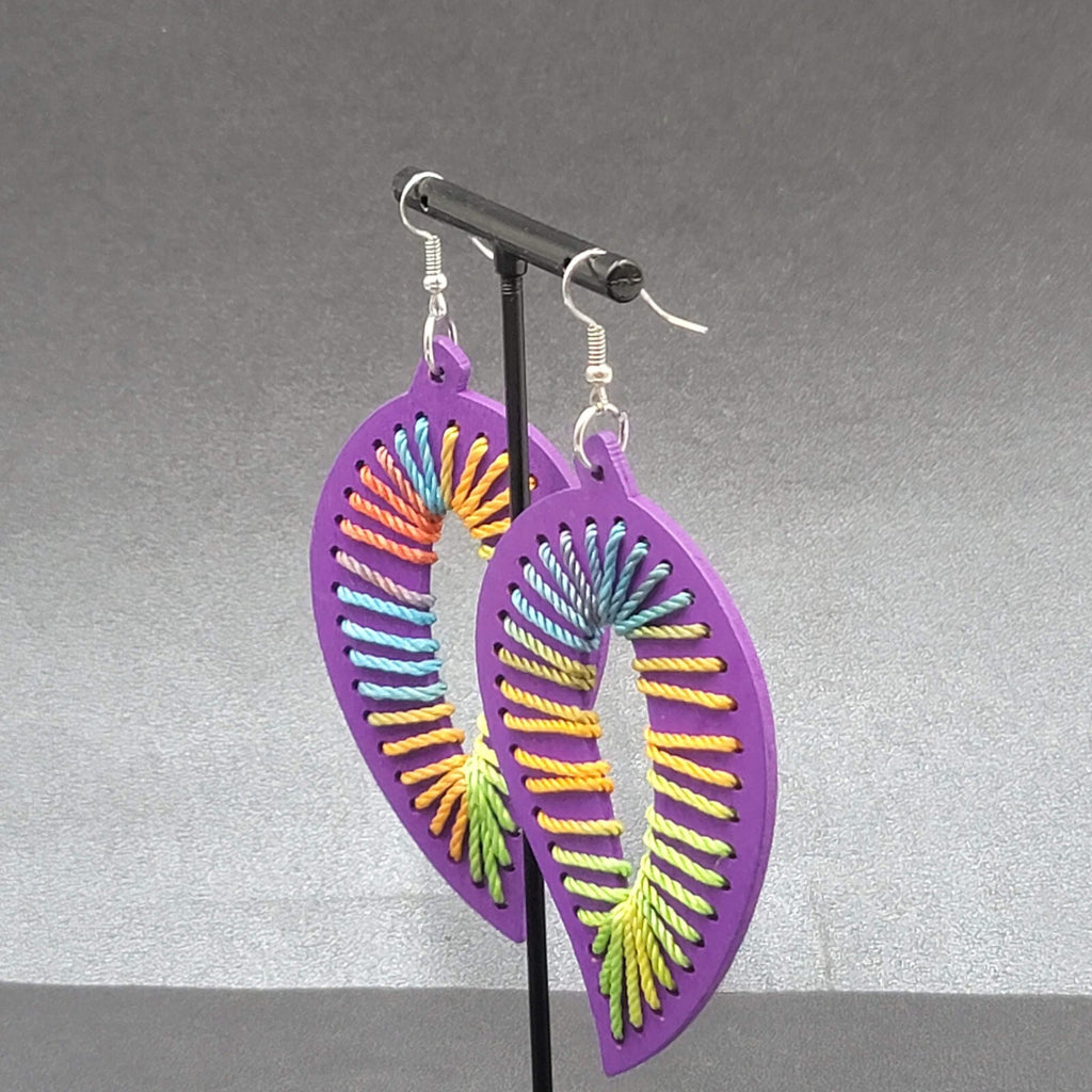 Pierced Earrings Large Purple Wood Leaf Multicolor String Art 3.25" Long