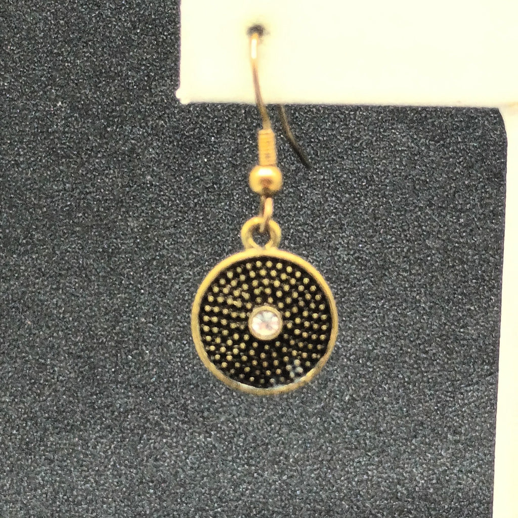 Pierced Earrings Textured Bronze tone Crystal Rhinestone Round Dangle Small 1/2"