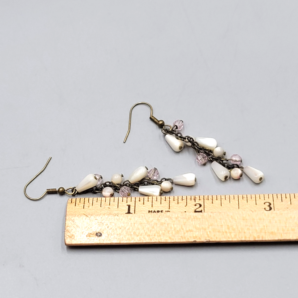 Mother of Pearl Beads Pierced Earrings Bronze tone Dangle 2 in