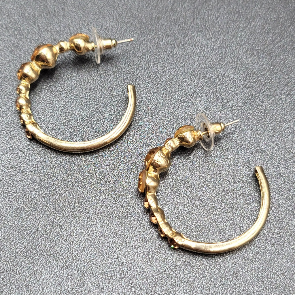 Pierced Earrings Gold tone Yellow Rhinestone Hoops 1.25"