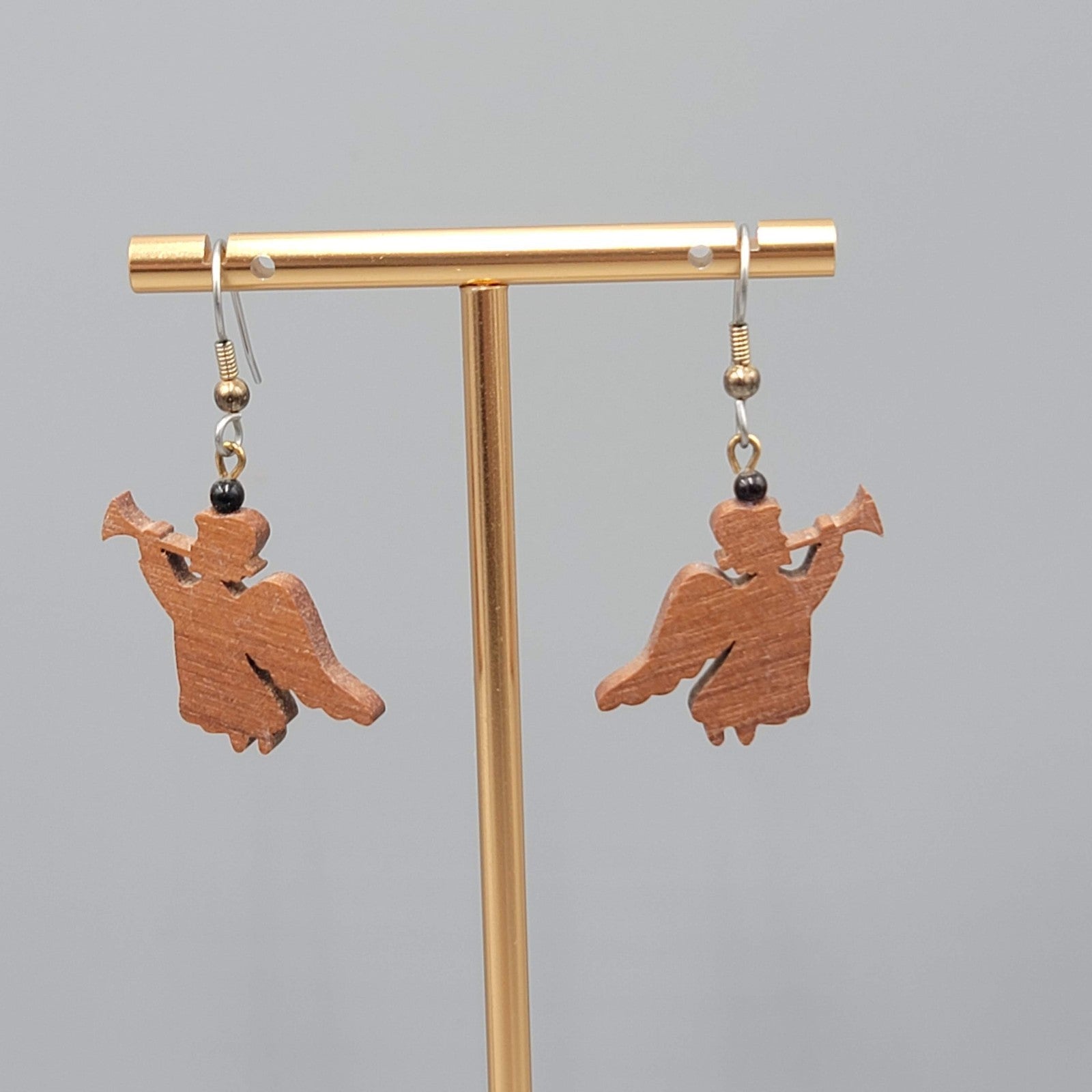 Vintage Wood Angel Pierced Earrings Silver tone Dangle  1 in