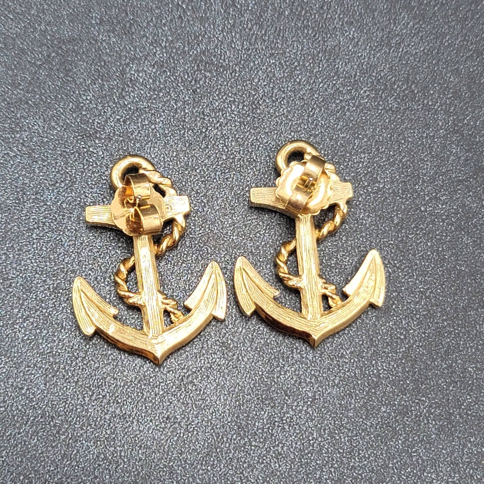 Vintage Pierced Earrings Enamel Anchor Nautical Gold tone 1.25"