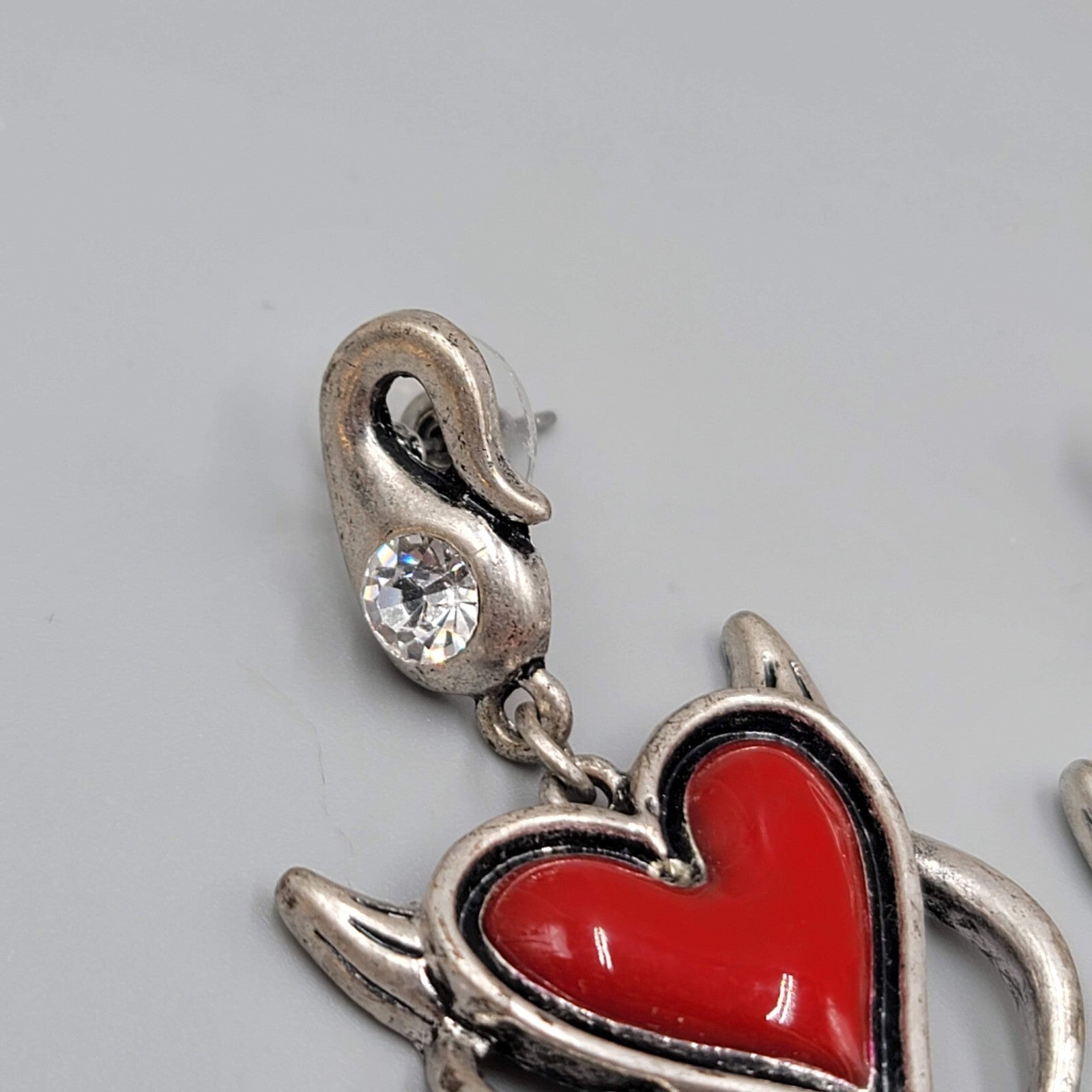 Devil Heart Pierced Earrings Red Enamel Crystal Silver tone Dangle 2 3/8"