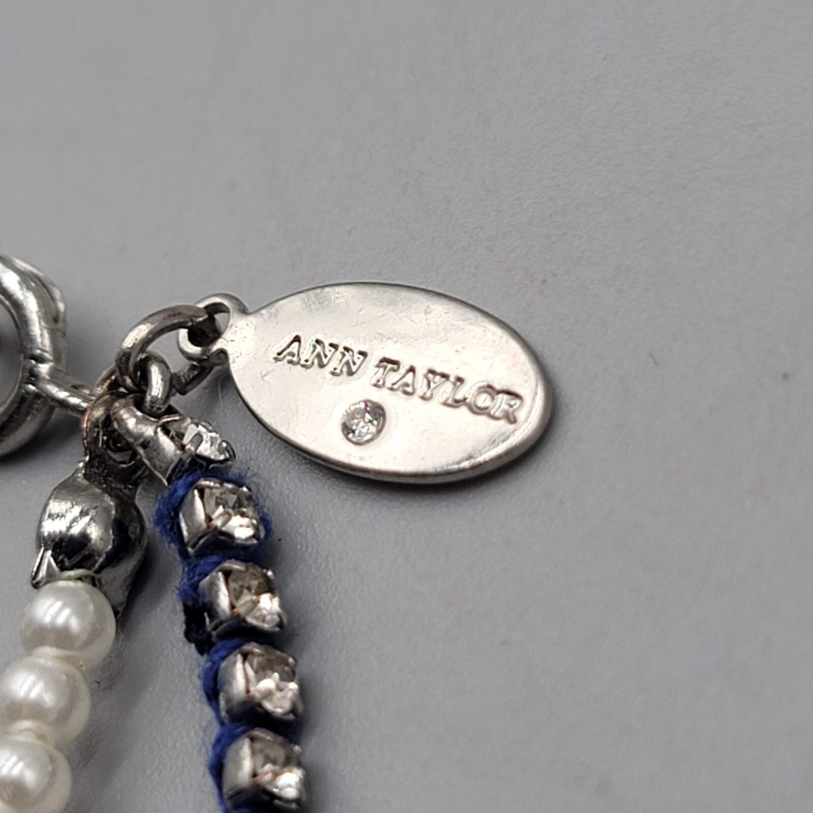Ann Taylor Bracelet Blue White Bead Silver tone Rhinestone 6.5" - 7" - 7.5" Adj
