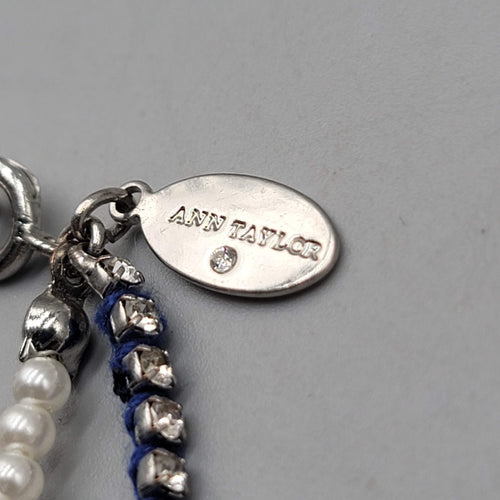 Ann Taylor Bracelet Blue White Bead Silver tone Rhinestone 6.5" - 7" - 7.5" Adj