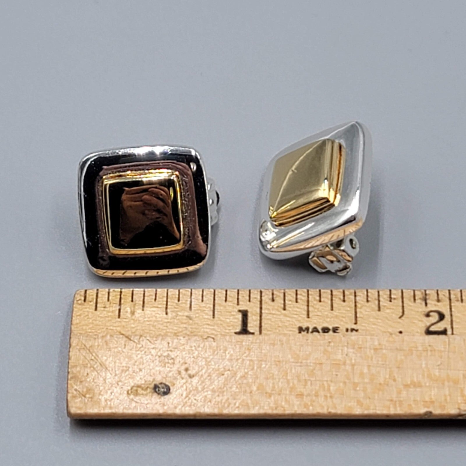 Vintage Two Toned Clip on Earrings Gold and Silver Square Studs 5/8"