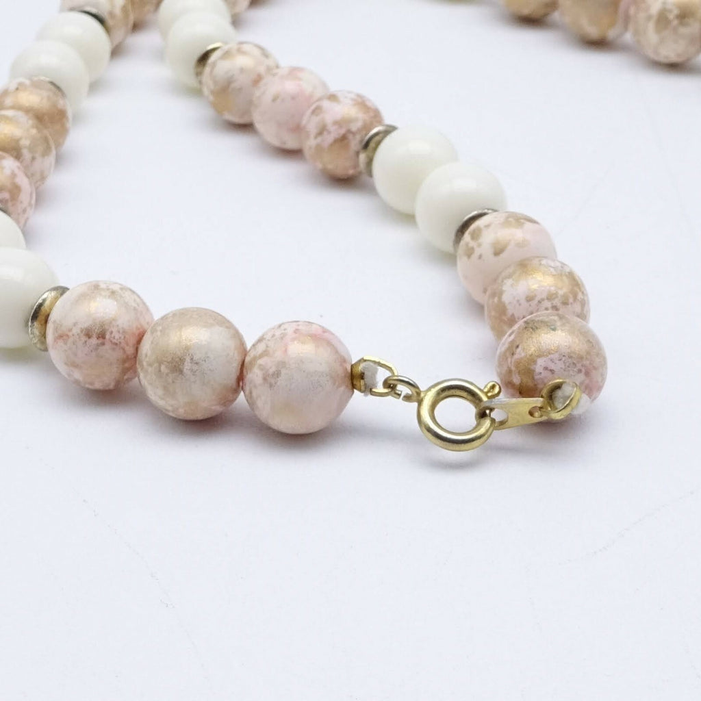Vintage Mid Century White and Gold Graduated Bead Necklace 30 in