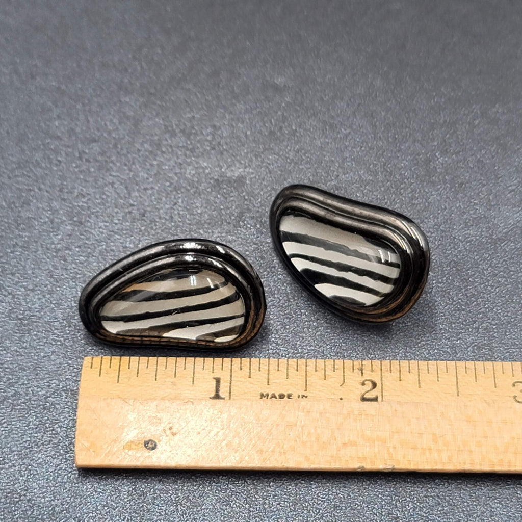 Vintage Clip on Earrings Black Metal Glass Stripes Drop 1 1/4"