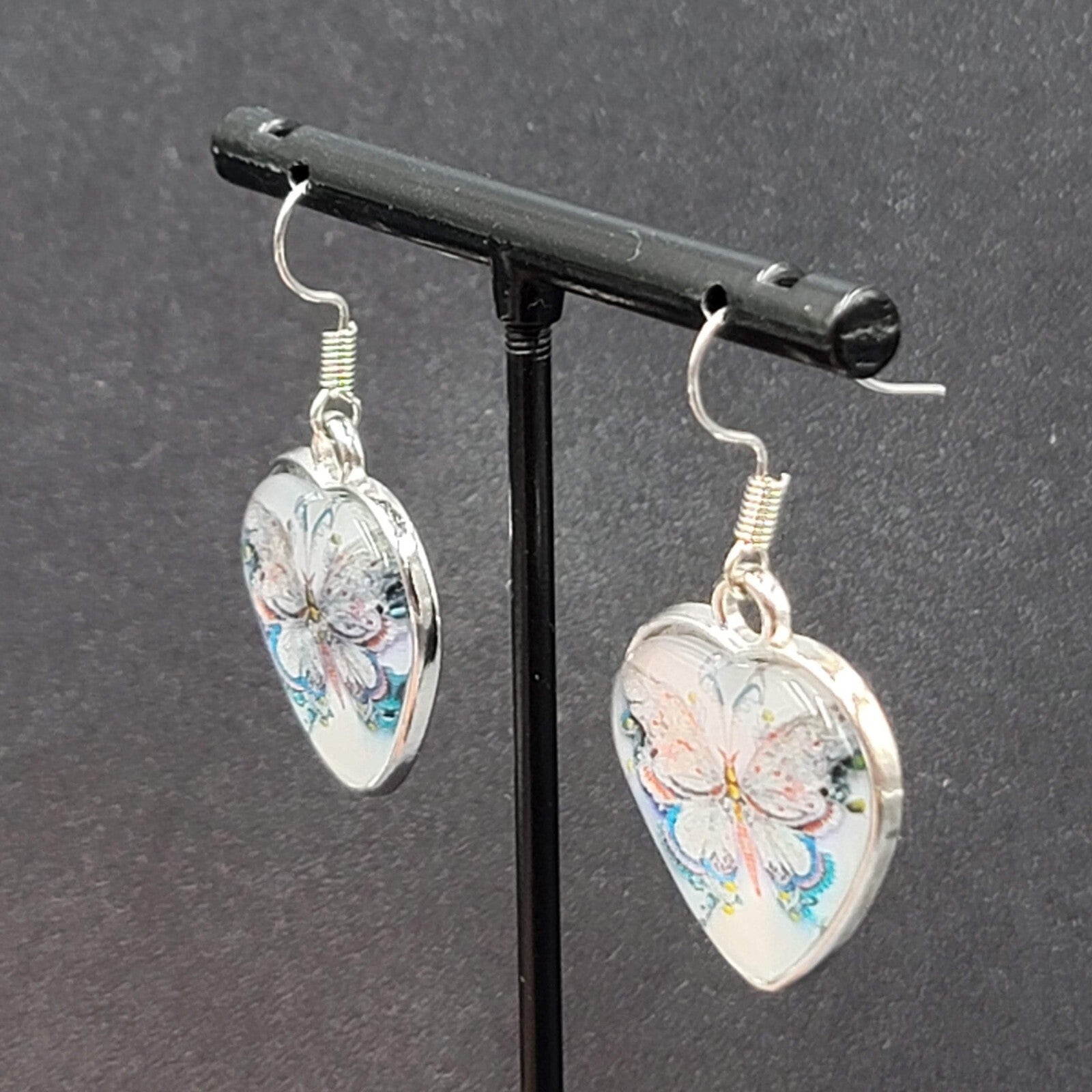 Butterfly Heart Pierced Earrings Silver tone Dangle Glass Cover 1"