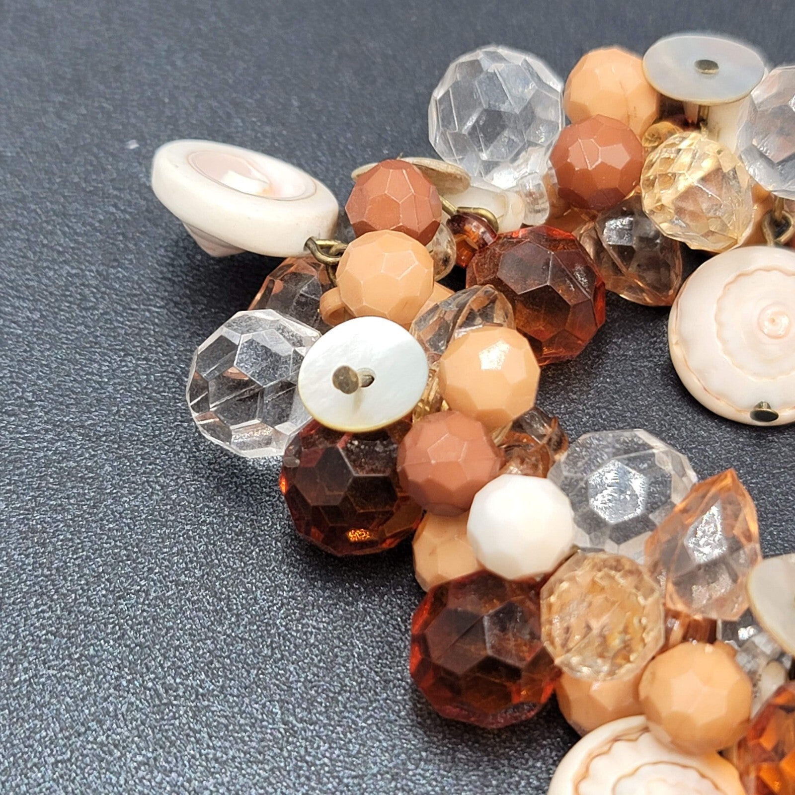 Cluster Bead Bracelet Faceted Acrylic and Shell Browns Creams Stretch Elastic