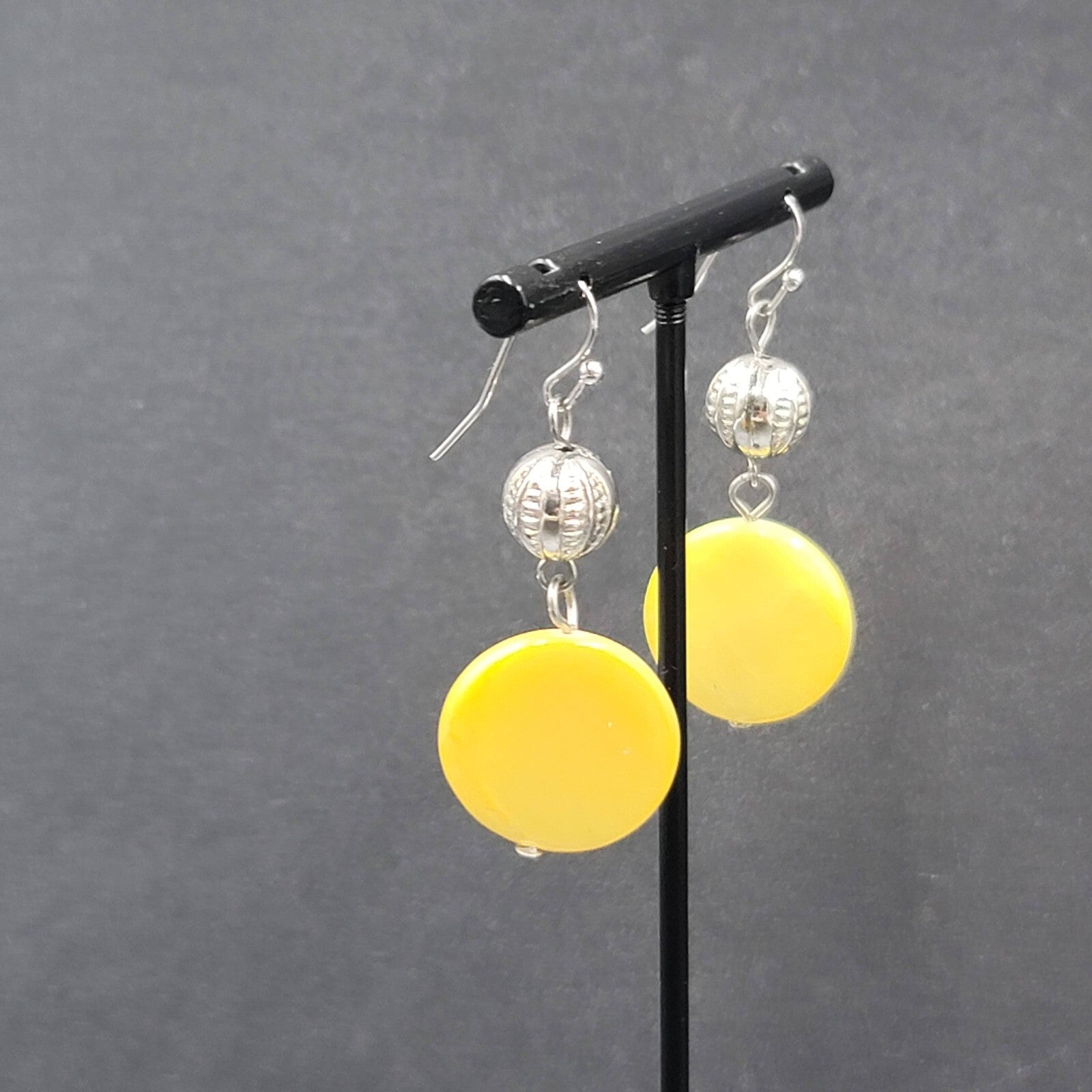 Pierced Earrings Silver tone Yellow Shell Round Bead 1.5"