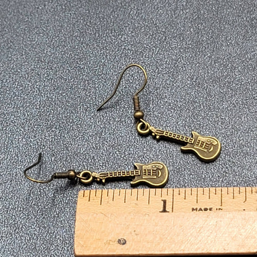 Electric Guitar Pierced Earrings Bronze tone Embossed Dangle 1"