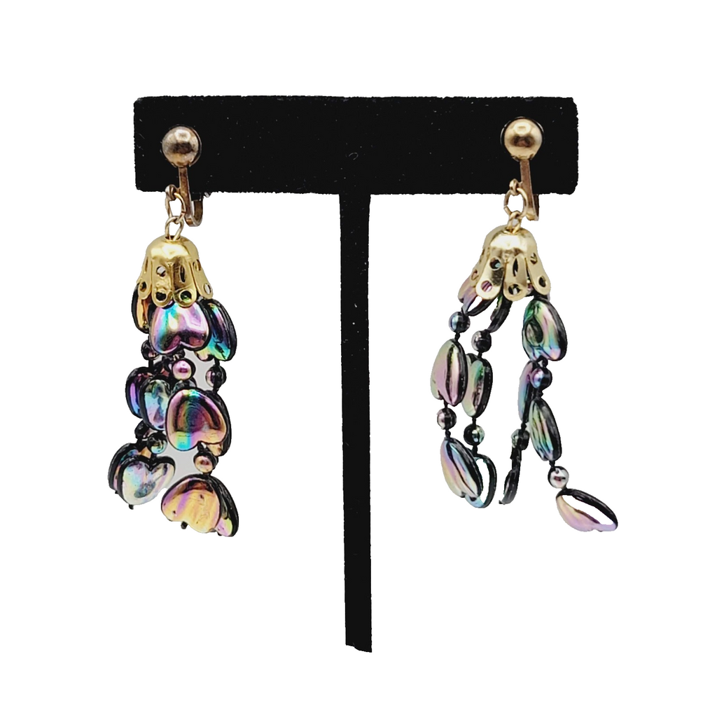 Vintage Rainbow Hearts Clip on Earrings Gold tone Dangle 2 in