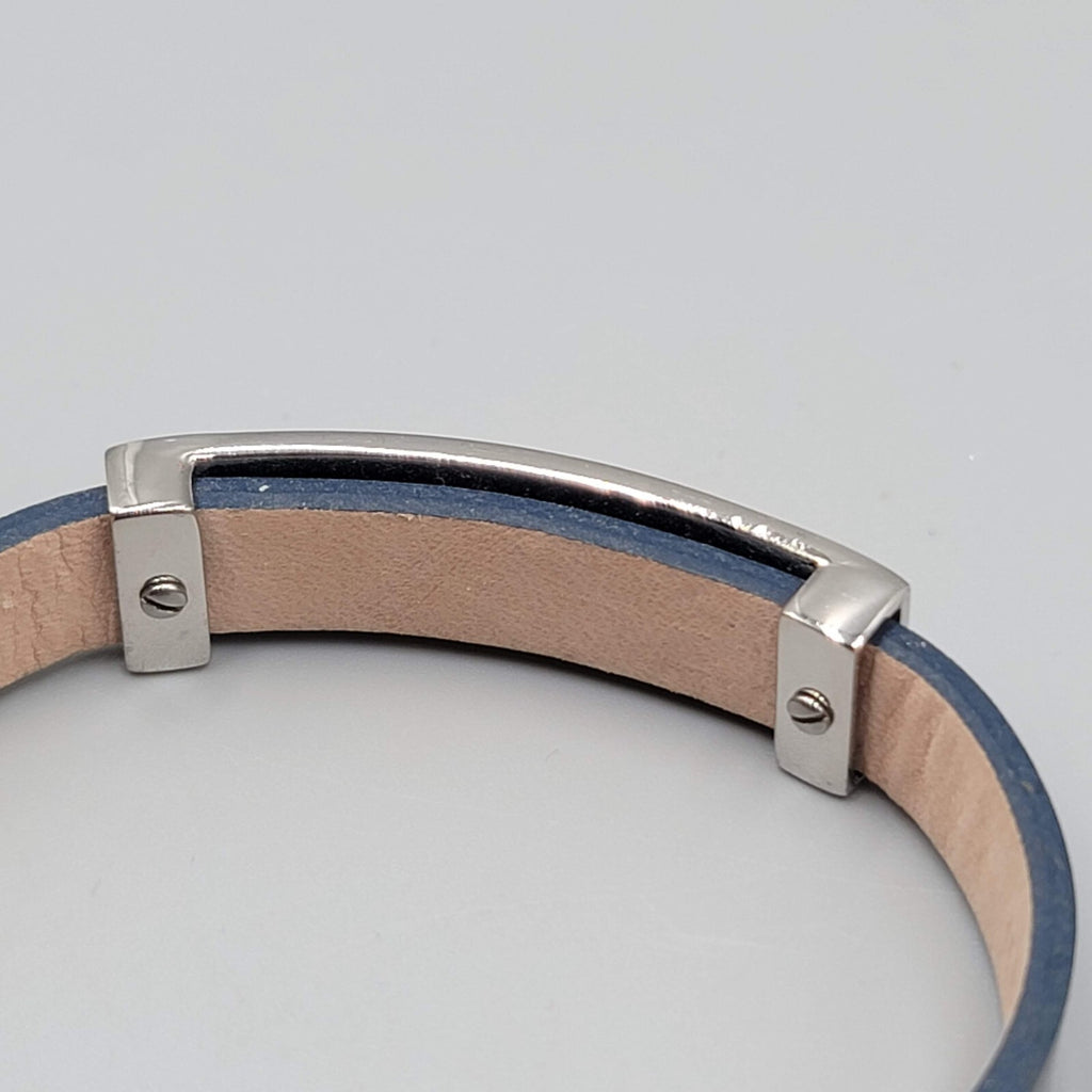 ANN ID Name Rustic Cuff Bracelet Silver Tone Navy Blue Leather RC Buckle Adj