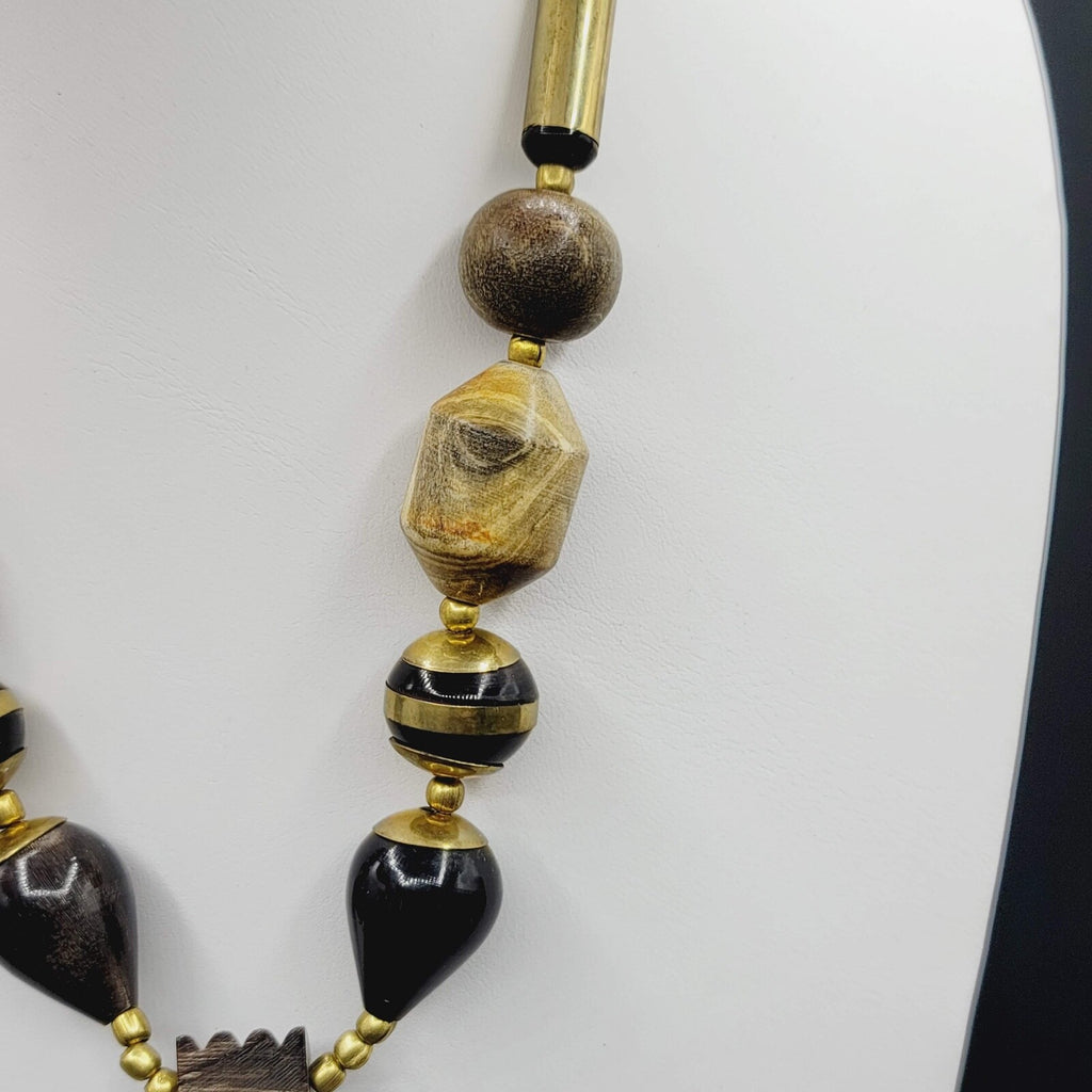Safari TURTLE Carved Wood Beaded Brass Necklace Vintage 21"