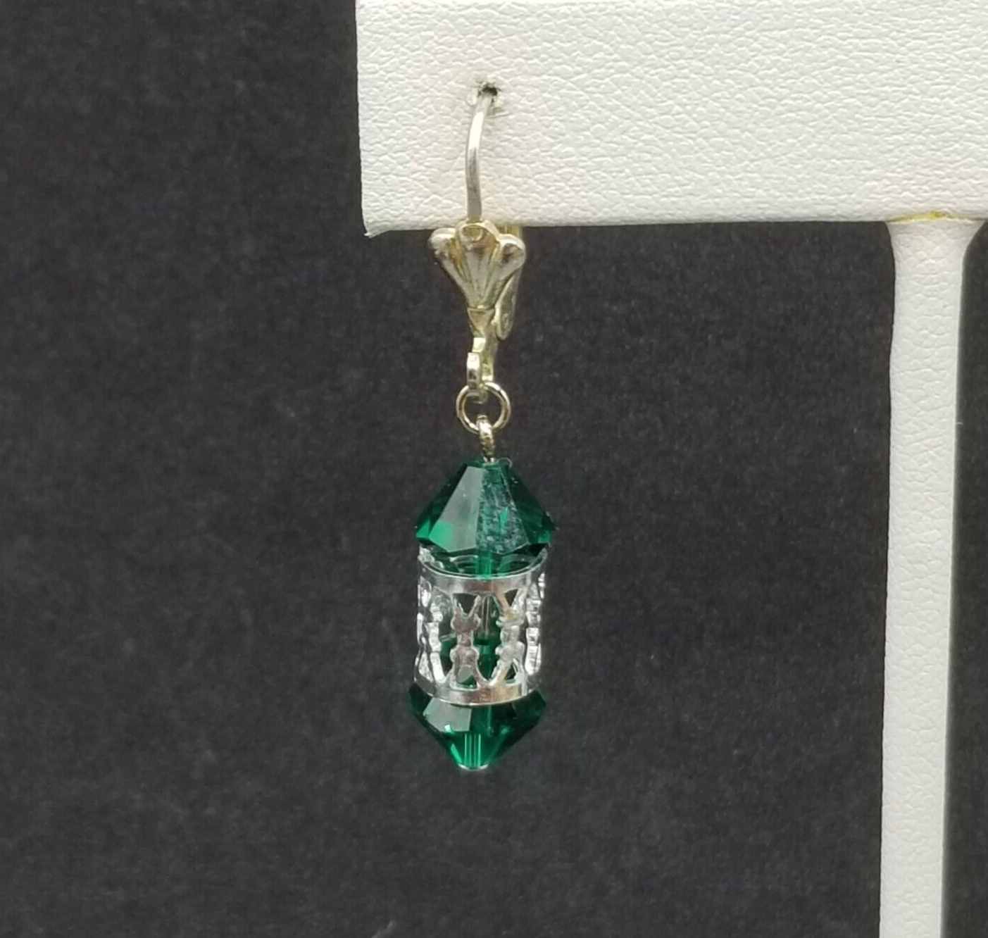 Pierced Earrings Silver tone Open Work Green Faceted Crystal Dangle 7/8"