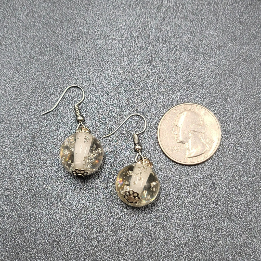 Pierced Earrings Silver tone Acrylic Clear Silver Glitter Bead 3/4"