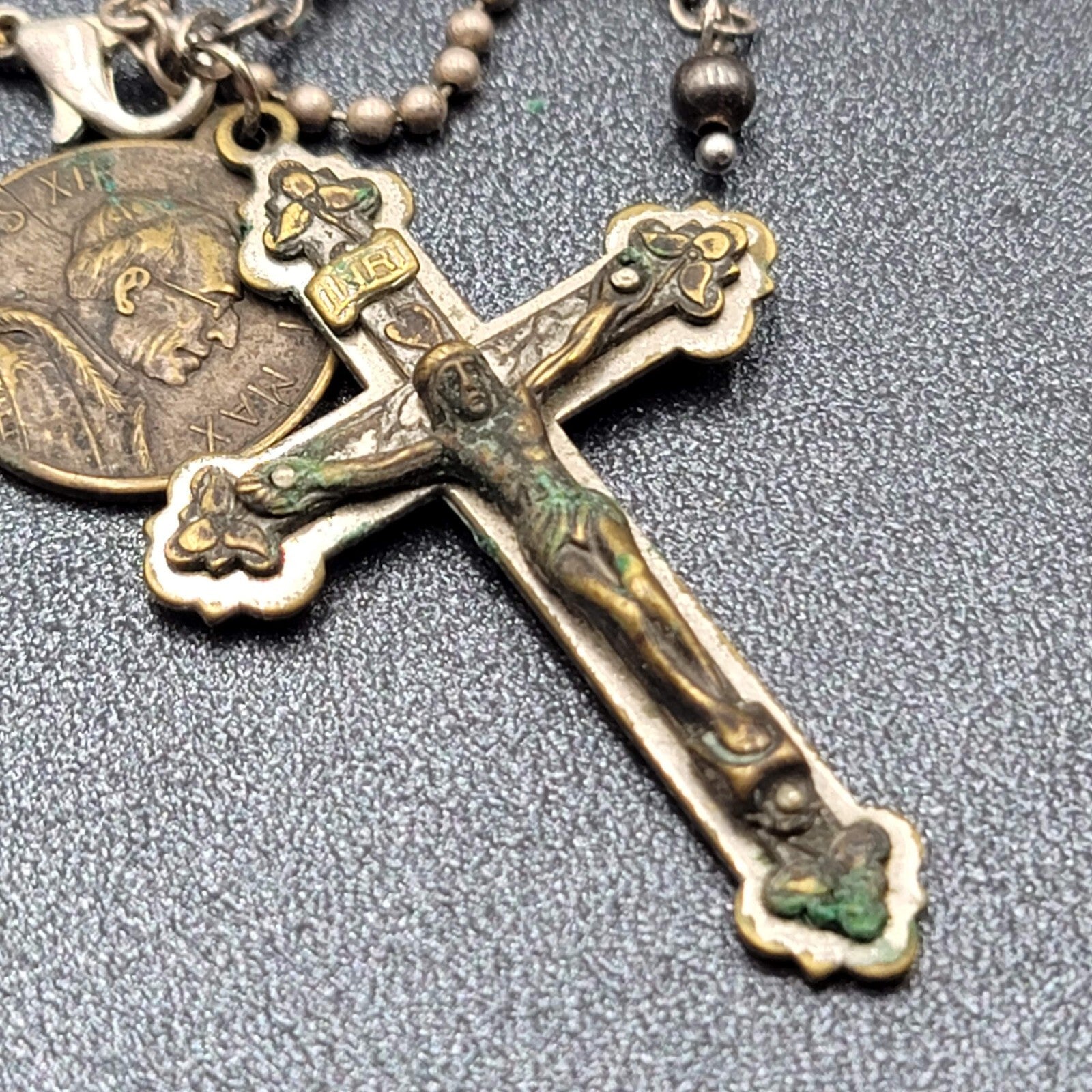 Vintage Pont Max Pius XII Crucifix Rosary Bracelet Car Hanger White Bead