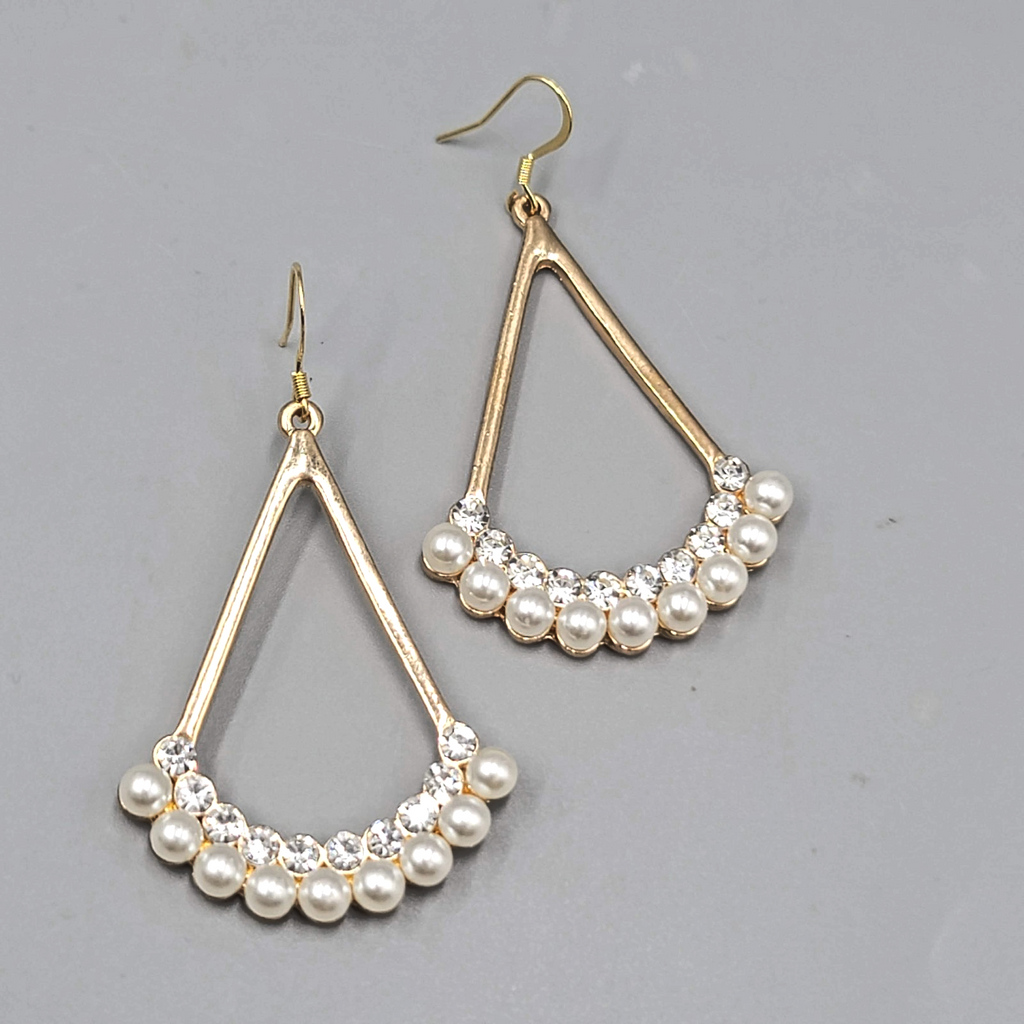 Open Triangle Faux Pearl Rhinestone Pierced Earrings Gold tone Dangle  2"