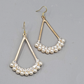 Open Triangle Faux Pearl Rhinestone Pierced Earrings Gold tone Dangle  2"