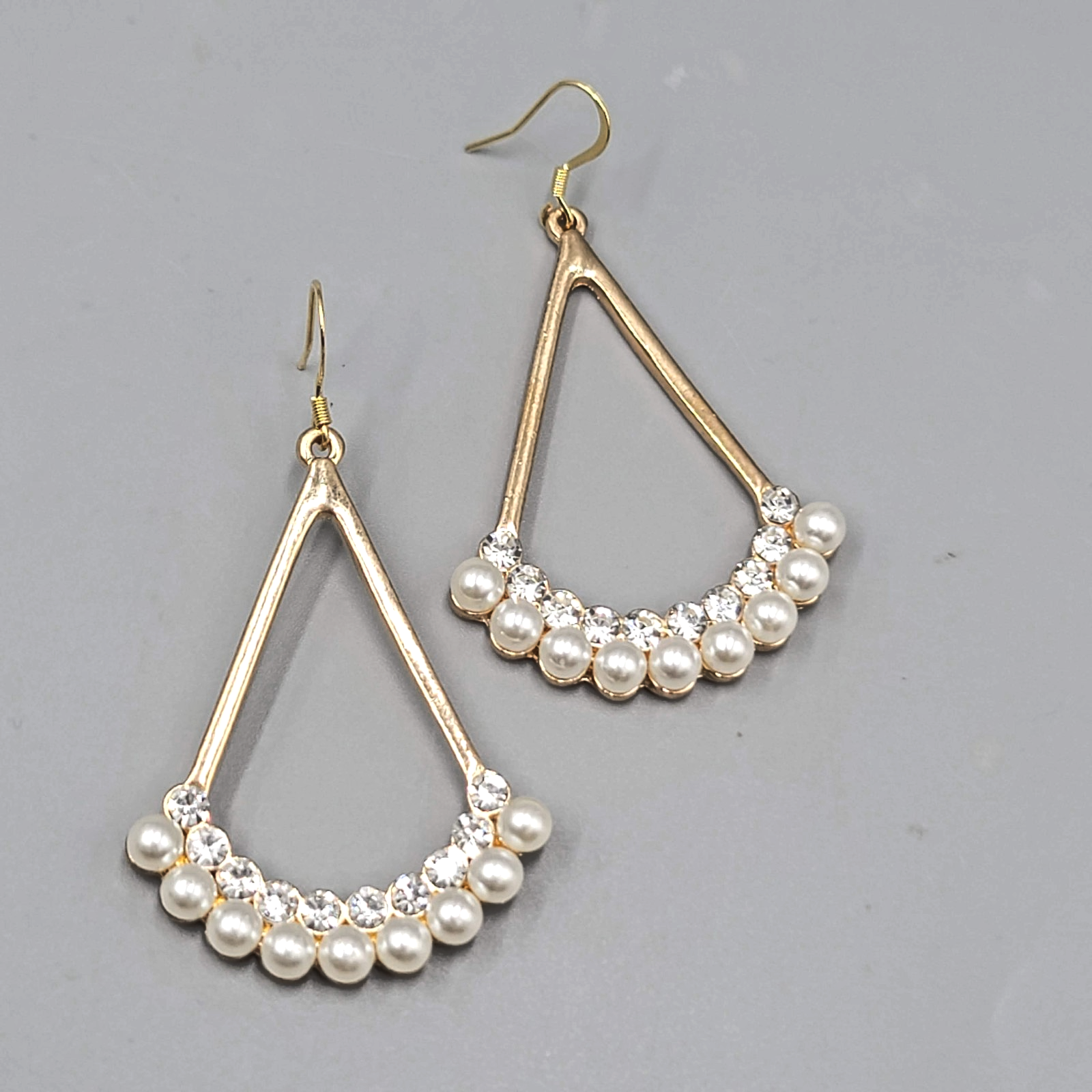 Open Triangle Faux Pearl Rhinestone Pierced Earrings Gold tone Dangle  2"