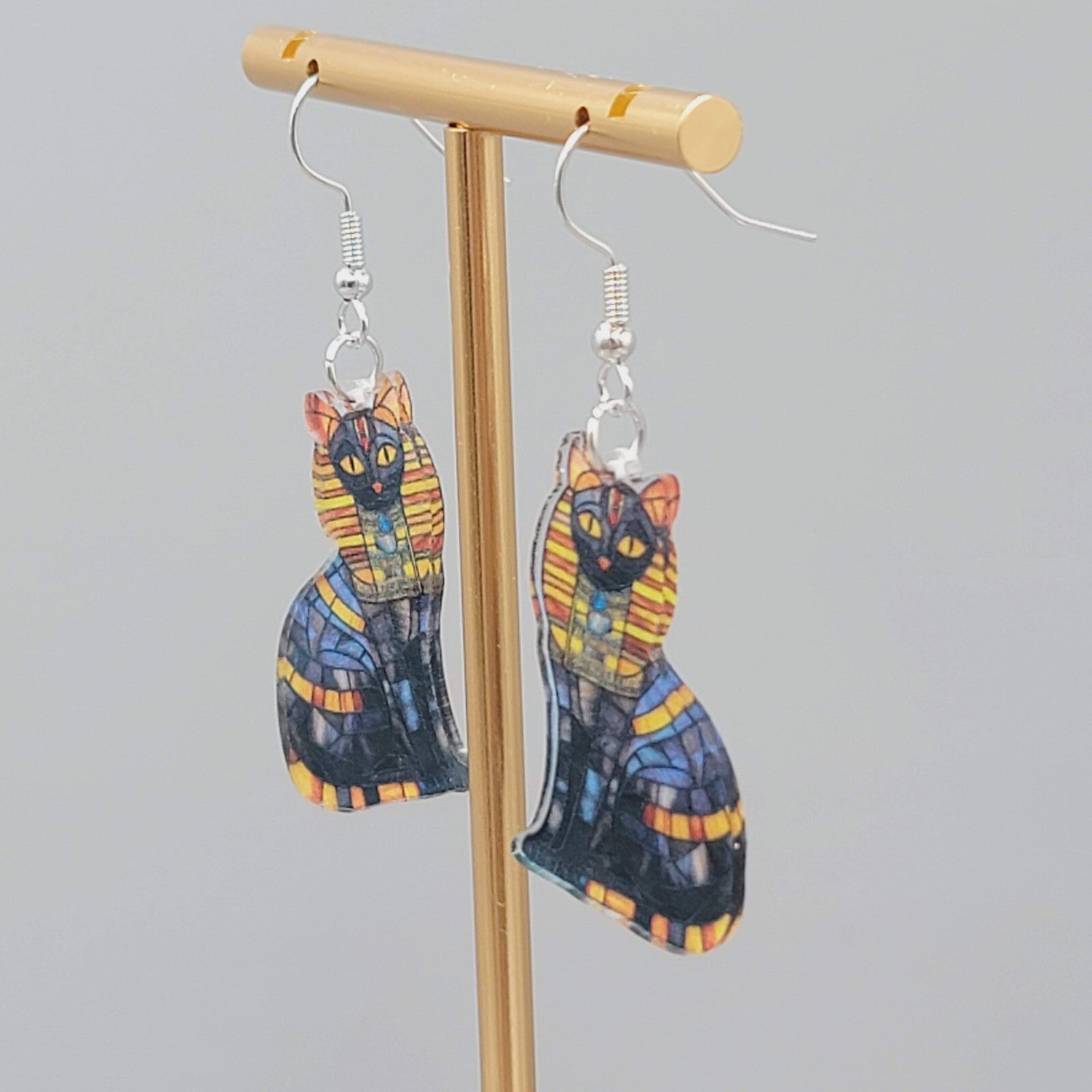 Egyptian Kitty Cat Pierced Earrings Mosiac Look Acrylic Dangle 1 3/8"