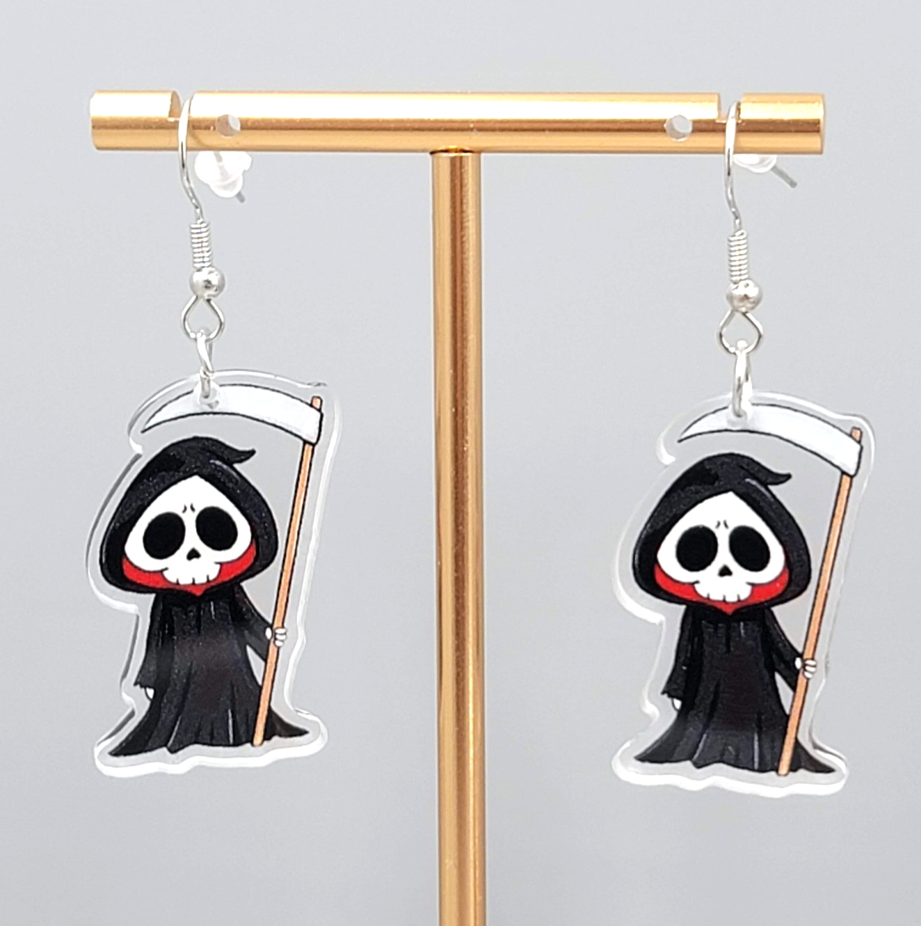 Halloween Grim Reaper Pierced Earrings Silver tone Dangle 1.5 in
