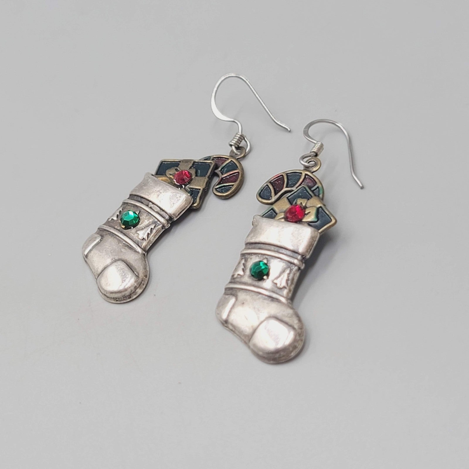 Vintage Christmas Stocking Pierced Earrings Enamel Silver tone Dangle 1 3/8"